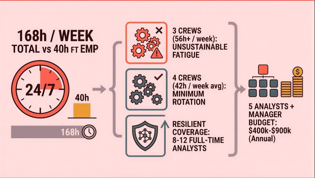 Diagram showing 168 hours per week of required security coverage versus a 40-hour full-time employee, illustrating why 8–12 analysts are needed for 24/7 small business SOC coverage