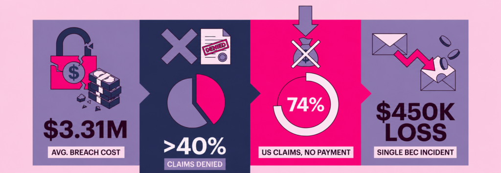 5 Cyber Insurance Risks: Policy Exclusions That Deny Small Business Claims Ccyber insurance exclusions. Claim statistics: 40% of claims denied, 74% of US claims closed without payment, $3.31M average breach cost, $450K average single BEC loss