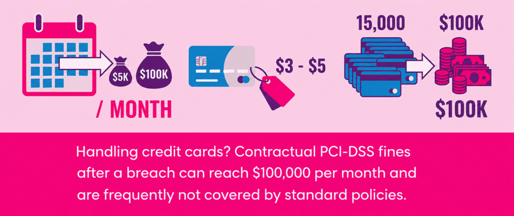 5 Cyber Insurance Risks: Policy Exclusions That Deny Small Business Claims PCI-DSS breach cost breakdown: up to $100K per month in non-compliance penalties, $3–$5 per compromised card for reissuance, forensic investigation fees exceeding $100,000