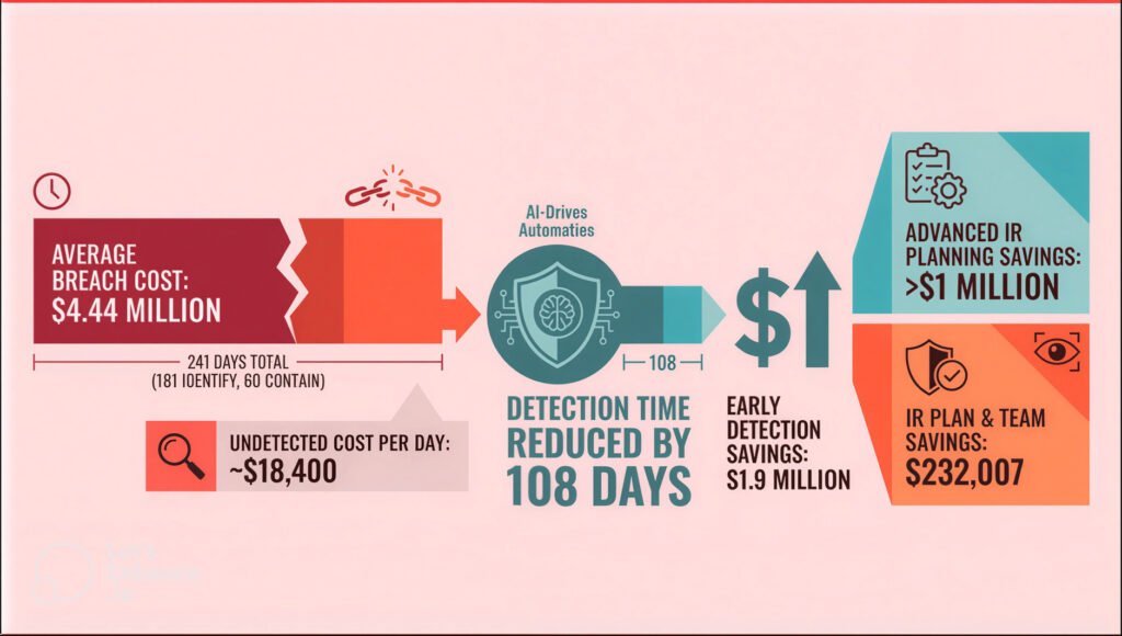 Data chart showing average breach cost of $4.44 million, detection time reduced by 108 days with AI-driven managed security, early detection savings of $1.9 million, and IR planning savings of $232,007 for small businesses