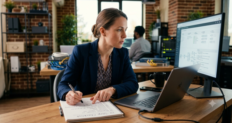 12-Step Cloud Security Checklist for Small Business Migration A female IT professional in a small business office environment managing a 12-step cloud security migration checklist on a notebook and dual-screen computer setup.