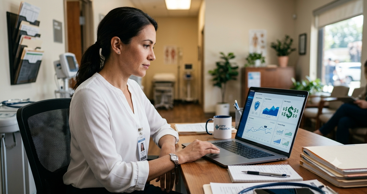 A high-resolution photo of a medical professional looking at a laptop with data graphics, visually representing cyber insurance analysis for a small clinic.