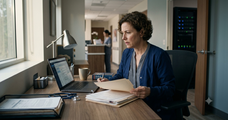 5 Cyber Insurance Gaps Medical Practices Miss in 2026 A concerned female medical professional reviews physical files while working on a laptop in a clinic office, representing cyber insurance gaps and data security risks for medical practices in 2026.
