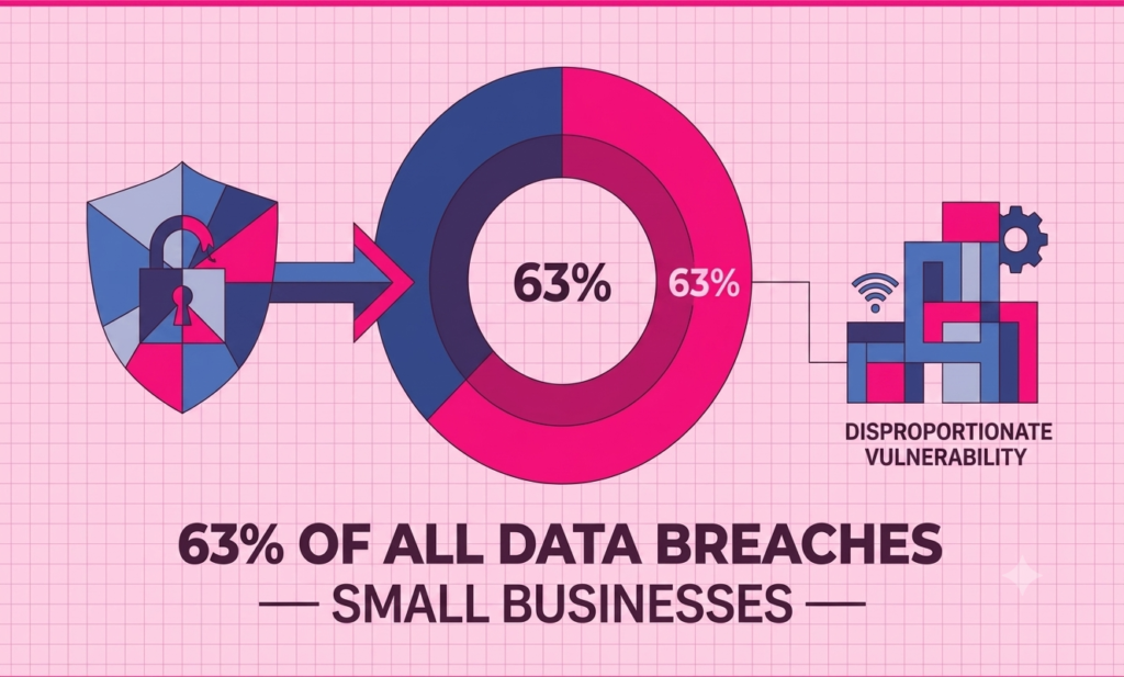 Cybersecurity for Small Businesses Under $10/User/Month Donut chart: small businesses account for 63% of all recorded data breaches, showing disproportionate vulnerability