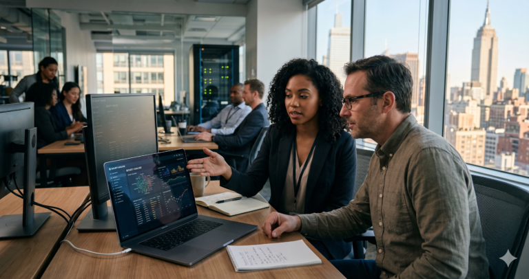 7 Best Cybersecurity Firms in NYC for Small Businesses cybersecurity expert pointing at data on a laptop screen for small business client in NYC office overlooking city skyline and Empire State Building