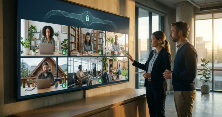 7 Best VPNs for Small Business Remote Teams: Dedicated IP Cost Realities Business presenters showing secure communication on a large monitor with diverse remote workers, a padlock icon representing a virtual private network. Perfect for a list of the 7 best VPNs for small business in 2026.
