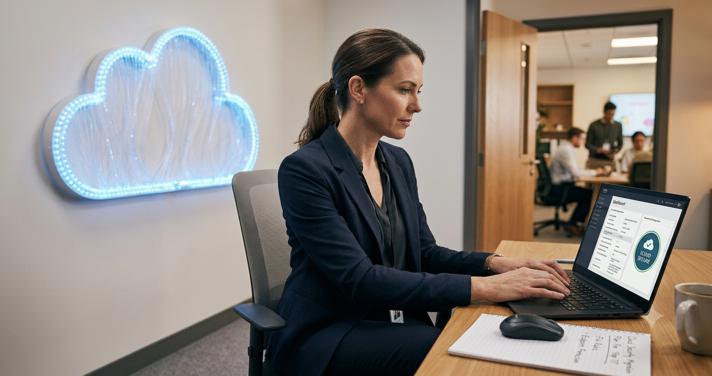 A professional IT administrator working on a laptop at a wooden desk in a modern office, with a glowing blue, fiber-optic cloud symbol on the wall behind her representing cloud security.