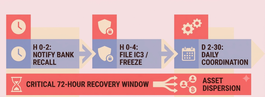 72-Hour Fraud Recovery Timeline Timeline of steps to recover wired funds within the critical 72-hour window
