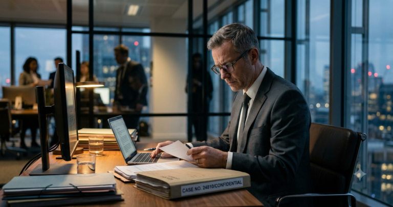 9 Cyber Risks Law Firms Miss (Even When Fully Compliant) A focused lawyer in a modern, glass-walled office, deeply concerned while examining physical legal case files on his desk, unaware that digital threats are bypassing the visible security.