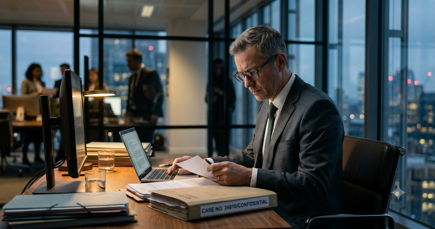 A focused lawyer in a modern, glass-walled office, deeply concerned while examining physical legal case files on his desk, unaware that digital threats are bypassing the visible security.