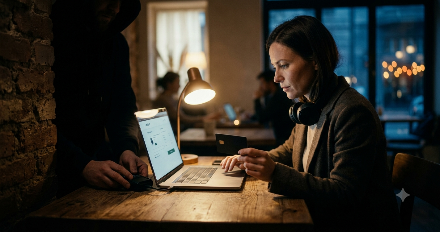 A photograph capturing a moment of data theft, where a man in dark clothing uses a card reader to steal data from a generic credit card being used for an online payment on a laptop in a cafe. This represents e-commerce security risks that PCI compliance might not address.