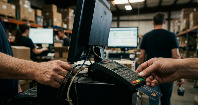 9 Ecommerce Security Risks PCI DSS Certification Misses A photograph of a hand inserting a credit card into an older chip reader, visually representing common ecommerce security risks that might be missed by PCI DSS certification.