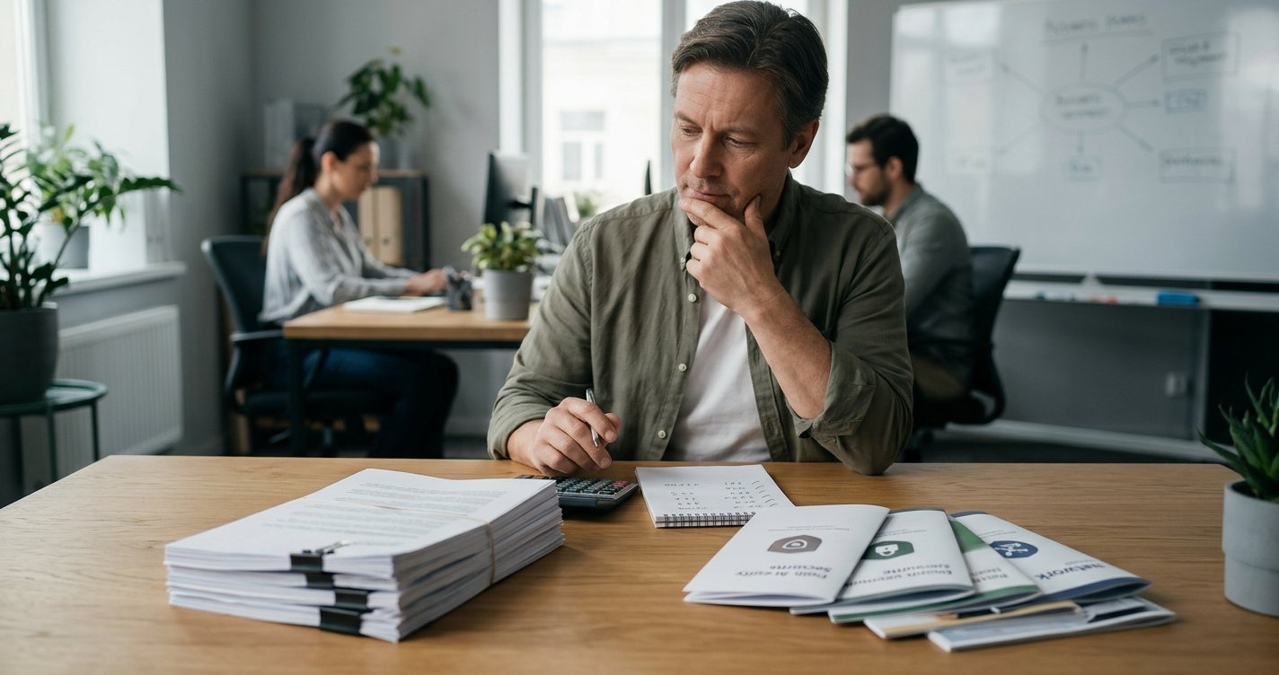 All-in-One vs Separate Security: The Small Business Cost Guide A man, representing a small business owner, sits at an office desk thoughtfully comparing a single, thick stack of paper (unified security) with multiple separate brochures (disjointed security services).
