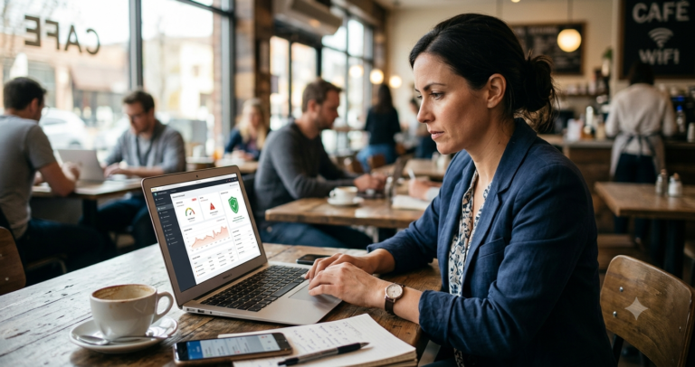 Best Cybersecurity Tools for Small Businesses With No IT Team — 7 Picks A small business owner using an intuitive cybersecurity dashboard on her laptop to secure her company data from a cafe.