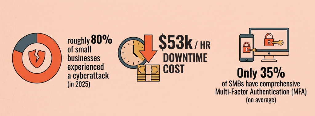When to Hire a Cybersecurity Consultant vs Going It Alone hire a cybersecurity consultant vs going it alone: Small business cyberattack stats - attack rate, hourly downtime cost, breach lifecycle
