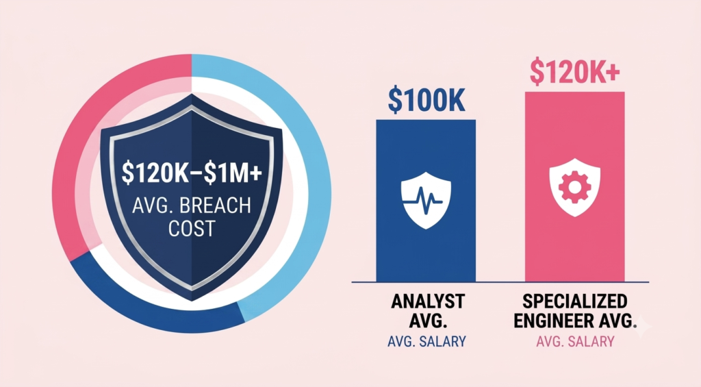 All-in-One vs Separate Security: The Small Business Cost Guide Data breach cost $120K-$1M+ vs $100K analyst and $120K+ engineer salaries
