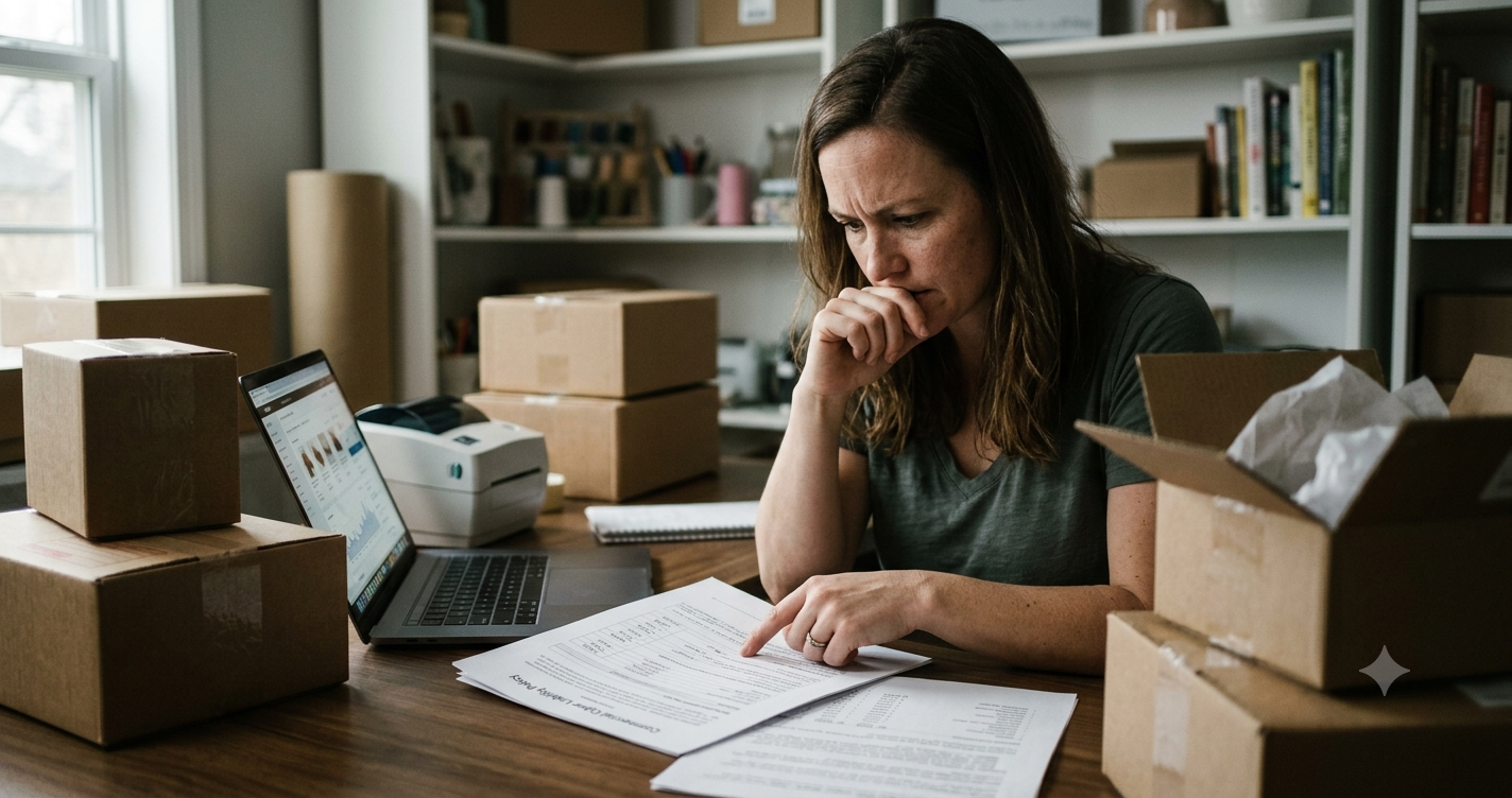Cyber Insurance for Online Sellers: Is $1,500 a Year Worth It? An e-commerce seller sits with a worried expression, pointing to a cyber liability policy on her desk amidst shipping boxes.