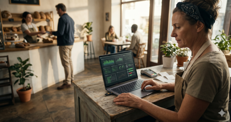 Cybersecurity for Small Businesses Under $10/User/Month A small business owner working securely on a laptop with hardware security keys and network equipment in a small modern office.