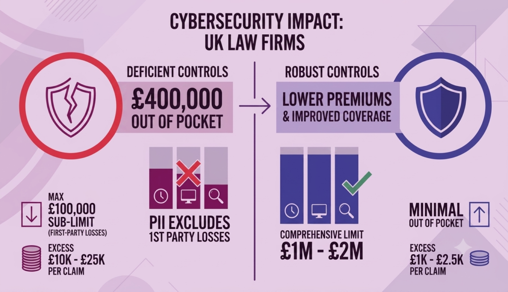 Small Law Firm Cyber Insurance: 7 Ways to Lower Your Premiums small law firm cyber insurance: Chart comparing deficient vs robust cyber controls costs for UK law firms