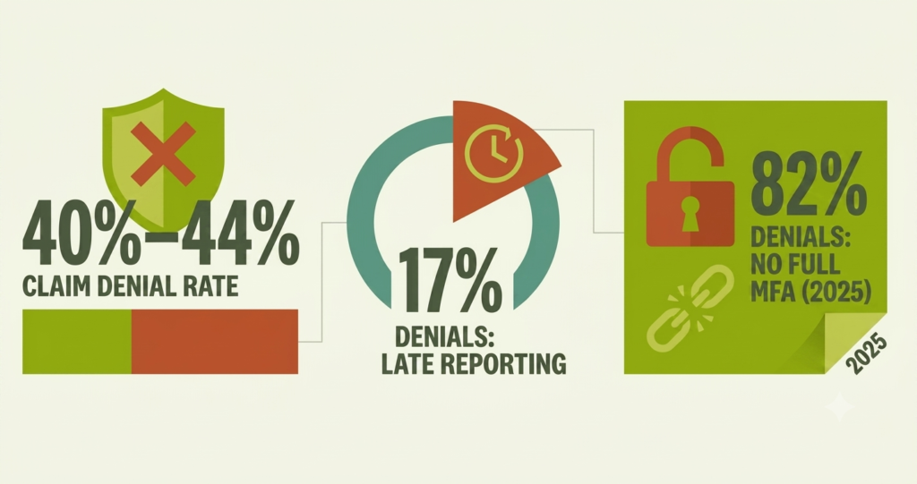 Shopify Merchants: 5 Cyber Insurance Gaps That Void Your Claim Shopify cyber insurance claim denial rate: 40-44% denied, 82% lack full MFA