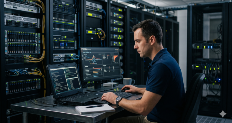 Does Cyber Insurance Require a Pen Test or Vulnerability Scan? An IT security professional working intently in a large data center, using a rugged laptop displaying code and a desktop monitor showing analytical graphs. Multiple server racks with glowing blue lights fill the background. This image, referenced as Does Cyber Insurance Require a Pen Test or Vulnerability Scan_.png, depicts the kind of detailed analysis needed for cyber insurance compliance.
