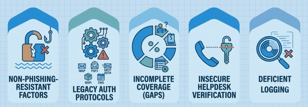Small Business MFA: 5 Setup Mistakes That Leave You Exposed Five MFA setup mistakes: weak factors, legacy protocols, coverage gaps, helpdesk risk, no logging