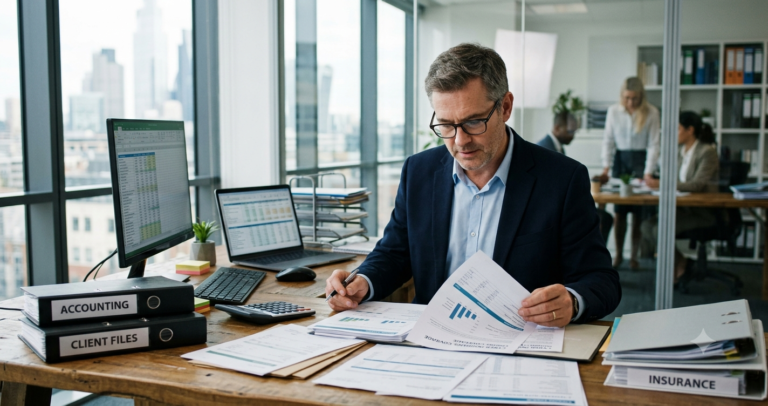 How Much Does Cyber Insurance Cost for Accounting Firms? A professional accountant in a modern office reviews financial documents and insurance policies.