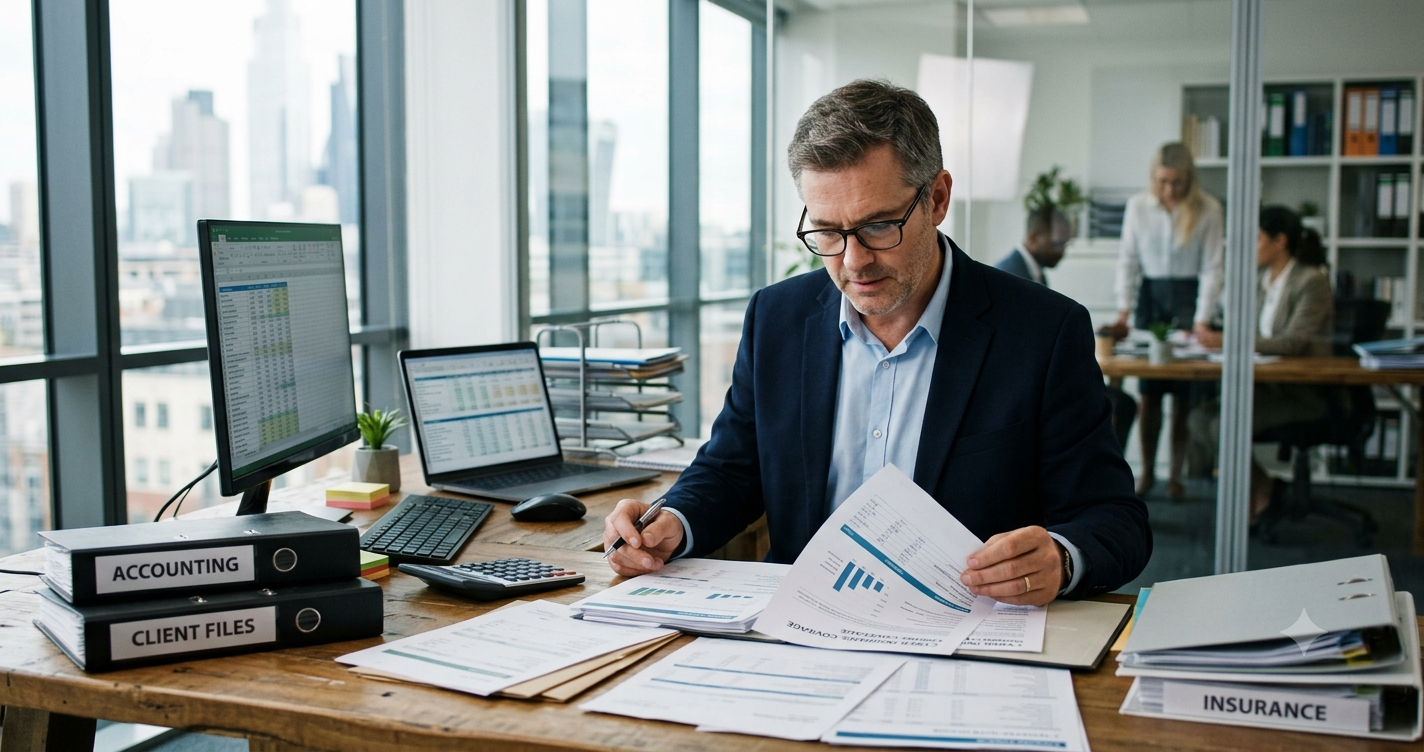 How Much Does Cyber Insurance Cost for Accounting Firms? A professional accountant in a modern office reviews financial documents and insurance policies.