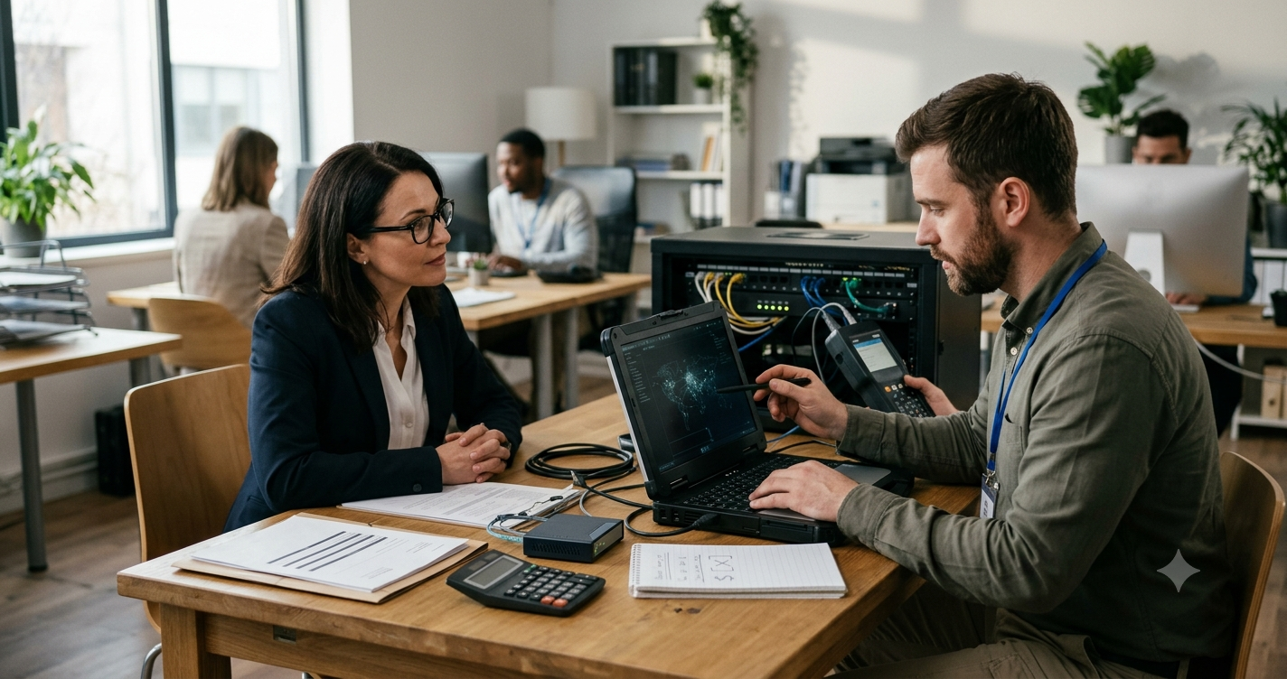 How Much Does a Small Business Security Audit Cost in 2026? An IT consultant showing security audit data on a laptop and a network server to a small business owner in a modern office, representing the cost of business security.