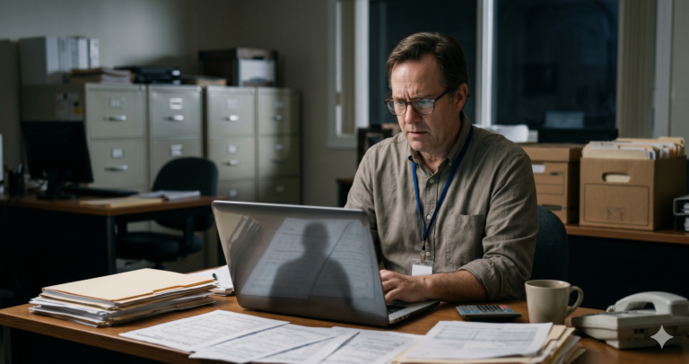 IRS Won't Protect You: 9 Cyber Risks Small Accounting Firms Miss An image for the blog post "IRS Won't Protect You," showing a male accountant with a serious expression looking at a laptop computer. There are paper documents, file folders, a calculator, a landline phone, and a mug on his desk. In the background, there is a filing cabinet and a bookshelf. The image represents the risk of cyber threats like phishing to small accounting firms.
