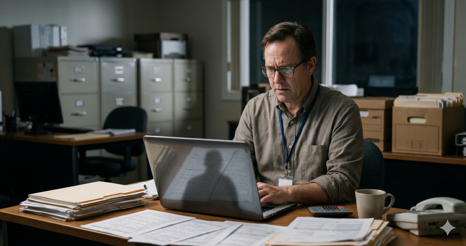 An image for the blog post "IRS Won't Protect You," showing a male accountant with a serious expression looking at a laptop computer. There are paper documents, file folders, a calculator, a landline phone, and a mug on his desk. In the background, there is a filing cabinet and a bookshelf. The image represents the risk of cyber threats like phishing to small accounting firms.