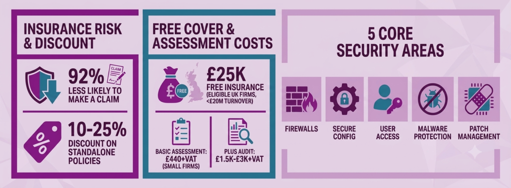 Insurance Risk, Free Cover Costs & 5 Core Security Areas Panel Cyber Essentials certification benefits: claim reduction, free cover cost, 5 security areas