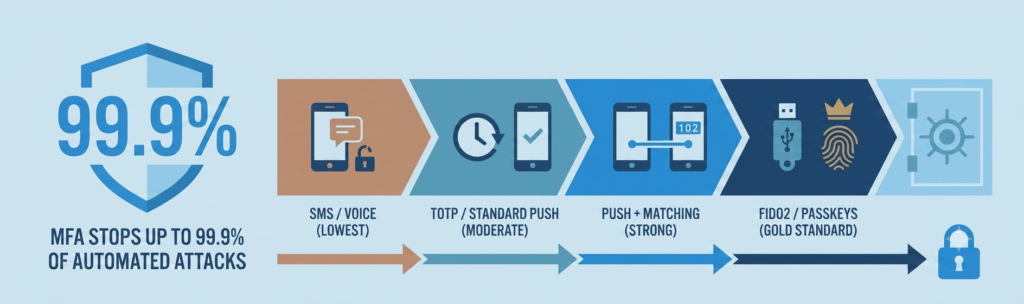 Small Business MFA: 5 Setup Mistakes That Leave You Exposed MFA authentication methods ranked from SMS to FIDO2 security keys by strength