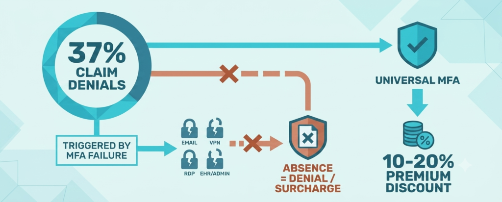 MFA Claim-Denial Flow Diagram cyber insurance for small clinics - Diagram showing how MFA failure drives cyber insurance claim denials