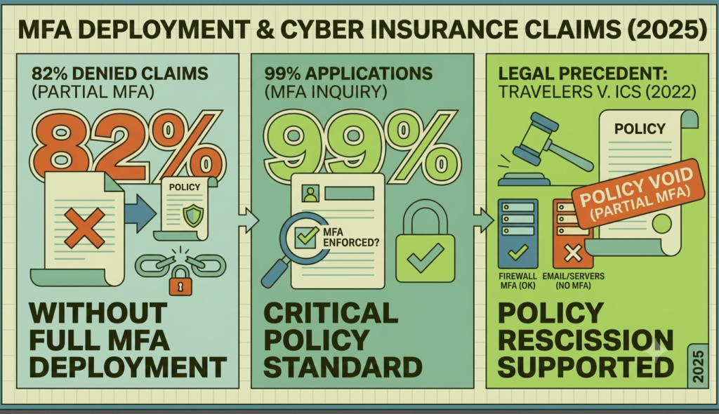 MFA Deployment & Legal Precedent Comparison Chart Chart linking partial MFA deployment to 82% claim denials and Travelers v. ICS policy rescission