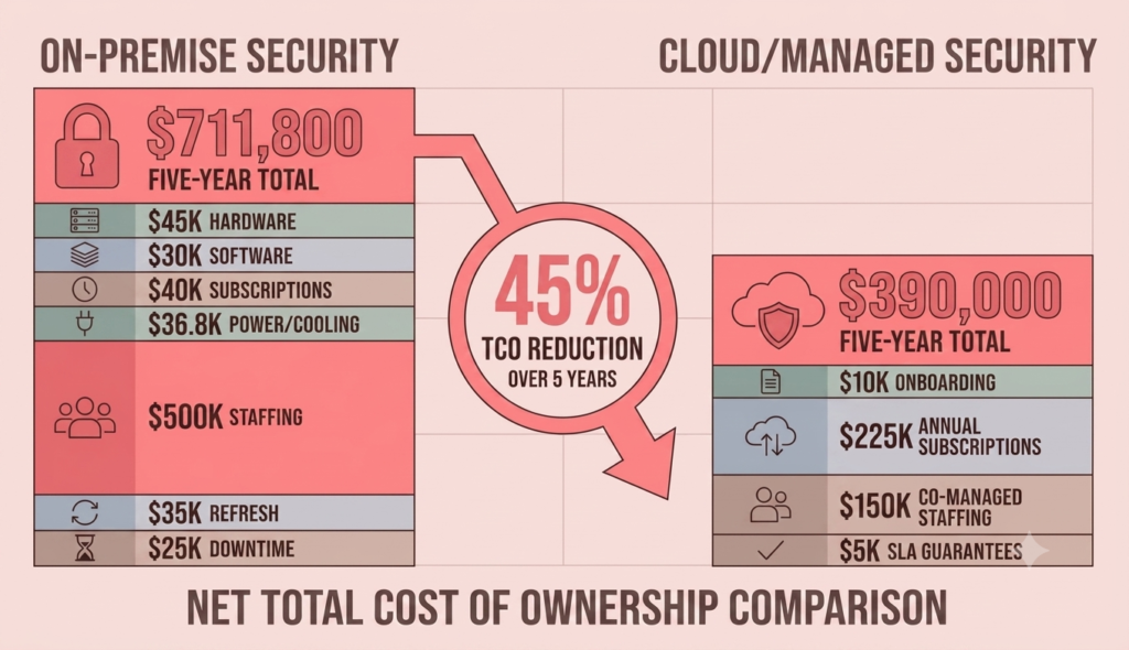Net Total Cost of Ownership Comparison (On-Premise vs. Cloud Managed On-premise vs cloud security cost; 5-year cost comparison: on-premise $711,800 vs cloud security $390,000