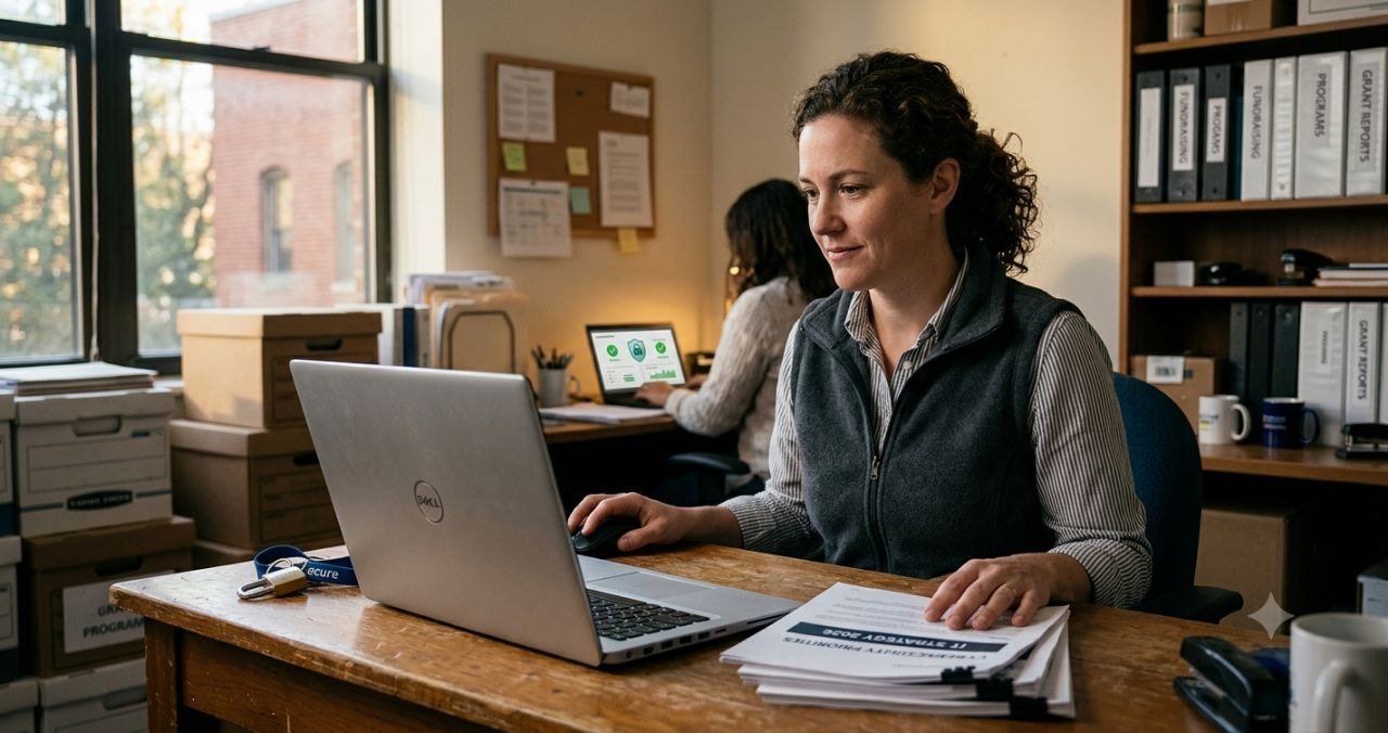 A woman works on a laptop at a wooden desk in a busy nonprofit office, reviewing papers titled 'IT Strategy 2026' and 'CYBERSECURITY PRIORITIES'. A physical padlock is near her computer. In the background, binders for 'FUNDRAISING' and 'PROGRAMS' are visible on shelves, and another person works at a laptop displaying a security dashboard. The atmosphere is warm and diligent, with light from a large window.