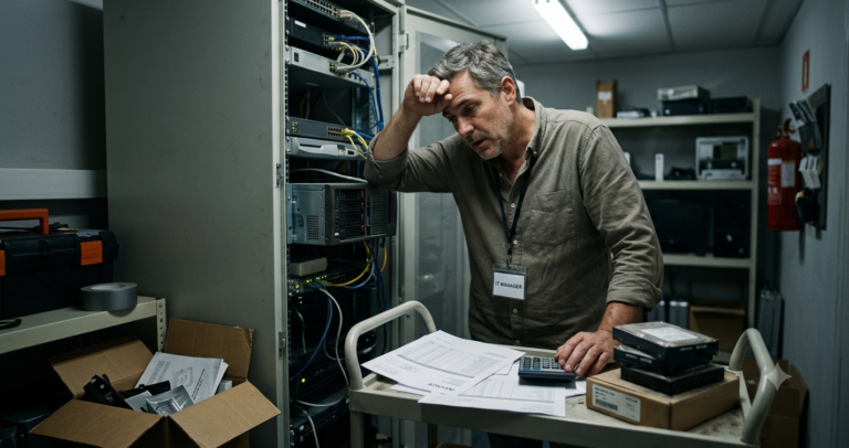 On-Premise Security Is Costing SMBs More Than They Think Stressed small business IT manager reviewing expenses next to complex on-premise server racks.