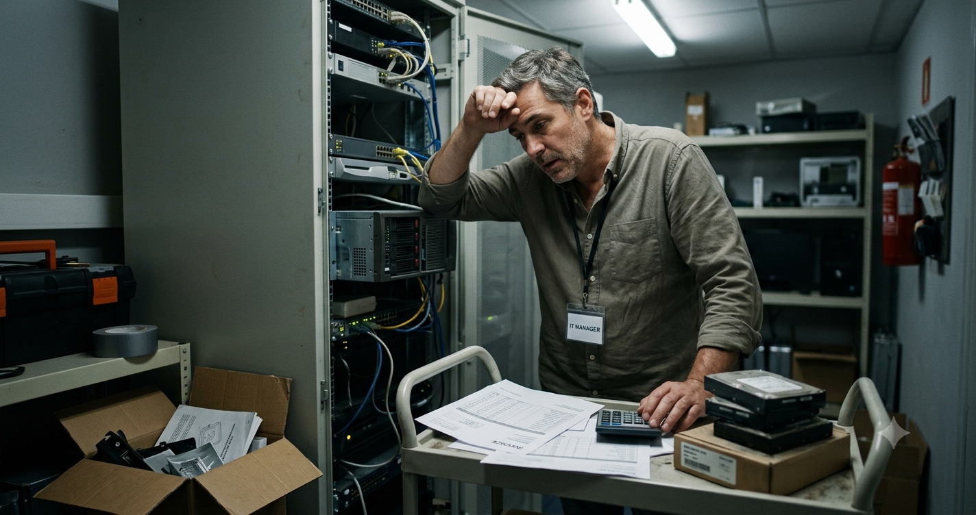 On-Premise Security Is Costing SMBs More Than They Think Stressed small business IT manager reviewing expenses next to complex on-premise server racks.