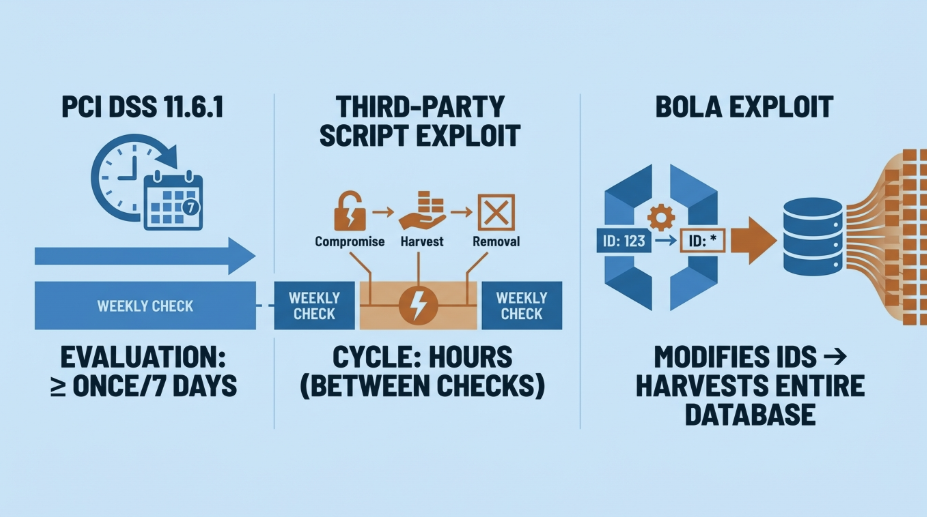 9 Ecommerce Security Risks PCI Compliance Leaves Unprotected PCI scan gap diagram: 7-day check cycle vs hours-long script and BOLA exploits