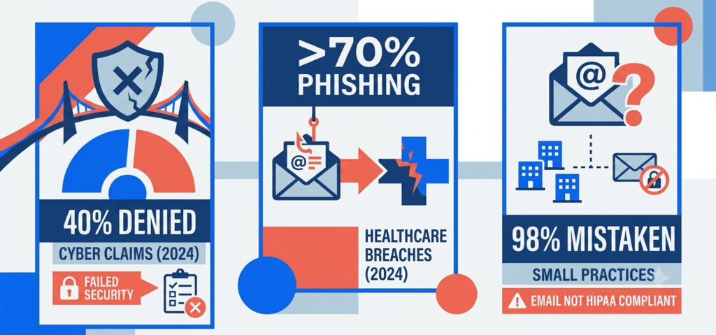 HIPAA Won't Save You: 9 Cyber Risks Small Practices Miss Healthcare cyber insurance stats highlighting 9 cyber risks small medical practices face: 40% claims denied in 2024, over 70% of breaches from phishing, and 98% of small practices running non-compliant email