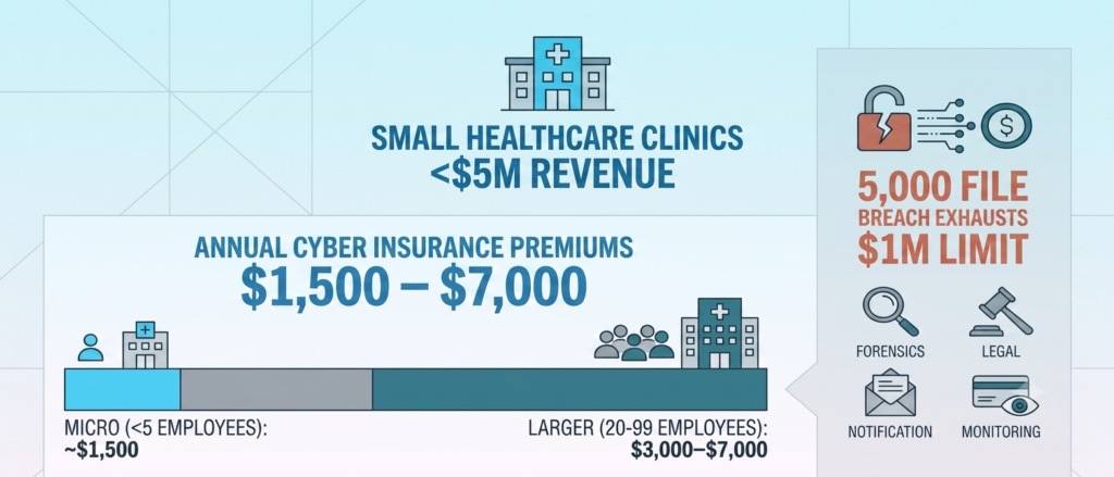 Premium Range & Breach-Cost Exposure Panel - 1 Small clinic cyber insurance premiums by size: $1,500 to $7,000 range
