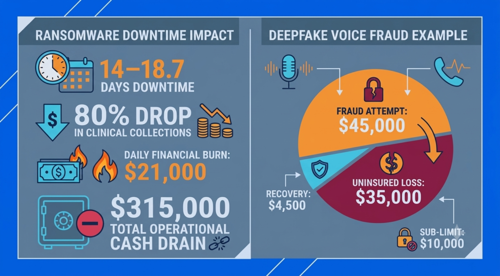 HIPAA Won't Save You: 9 Cyber Risks Small Practices Miss Ransomware impact: 14–18 days downtime, $315,000 cash drain; deepfake voice fraud: $45,000 attempt, $35,000 uninsured after $10,000 sub-limit