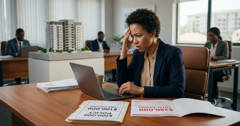 Real Estate Cyber Insurance Gap: $100K Policy vs $250K Losses Shocked real estate agent looking at a $100,000 cyber insurance policy document next to a $250,000 data breach loss statement on a desk