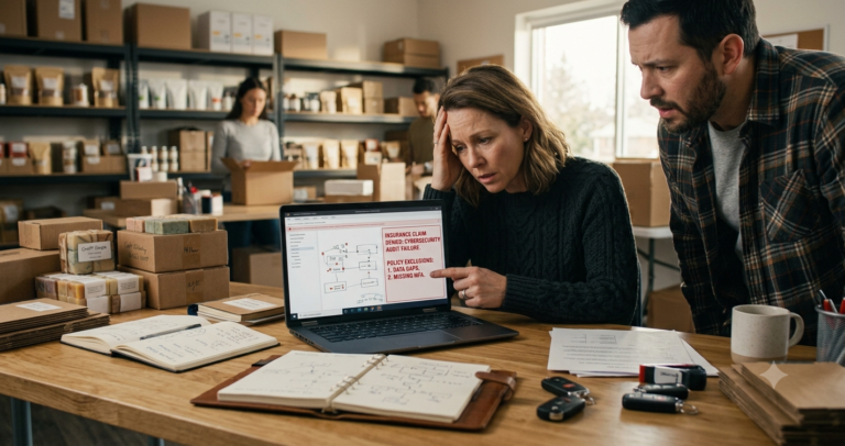 Shopify Merchants: 5 Cyber Insurance Gaps That Void Your Claim A distressed Shopify merchant points to a laptop screen displaying a "Claim Denied" notice and audit results in an e-commerce warehouse.