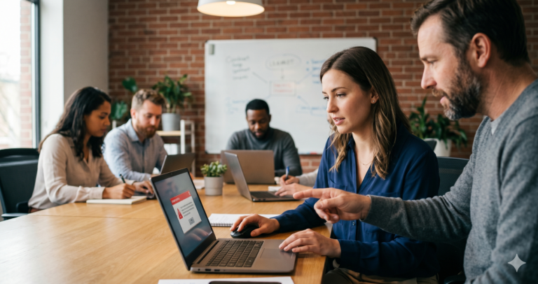 Small Business Cybersecurity Training: What Employees Must Know in 2026 Two office employees collaborate at a laptop during a training session. A male colleague points to a red cybersecurity warning message on the female employee's laptop screen within a modern, open-plan small business office setting. Other coworkers are visible working in the background