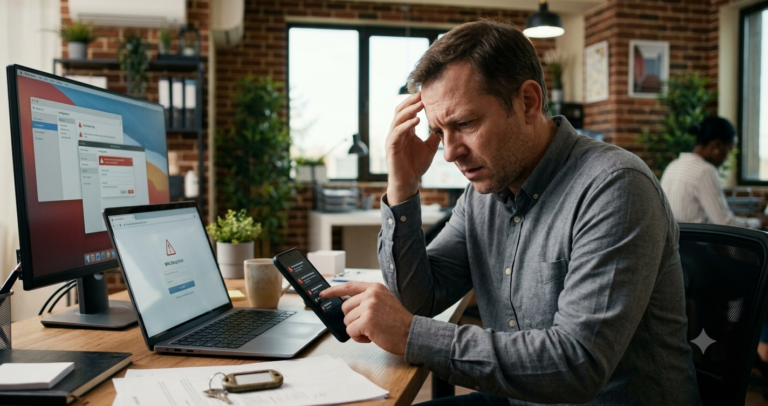 Small Business MFA: 5 Setup Mistakes That Leave You Exposed A small business owner looks confused while sitting at a desk and holding his phone, next to a computer monitor that shows a generic authentication error message.
