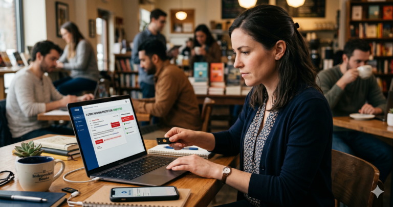 Small Business Phishing Protection: 5 Steps That Actually Work An image from "Small Business Phishing Protection - 5 Steps That Actually Work.png", showing a woman in a busy bookstore cafe inserting a hardware authentication key into her laptop to log in. The laptop screen displays an Okta dashboard identifying a suspicious phishing email, illustrating small business cybersecurity.