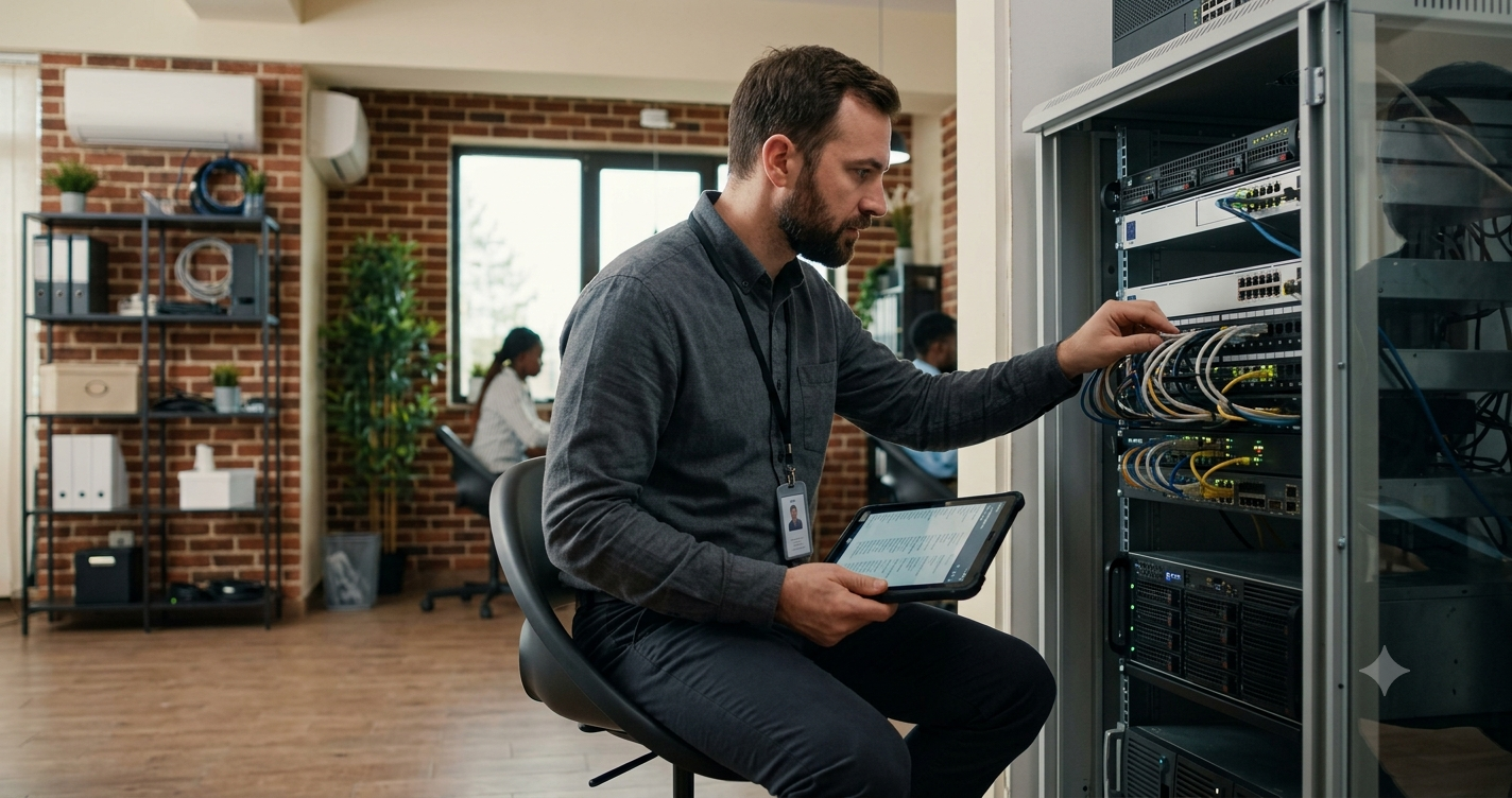 Small Business Security Audit: 7 Critical Areas Experts Examine A focused professional security consultant examining an illuminated network server rack in a dimly lit business data room, representing a critical security audit.