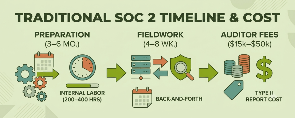 7 SOC 2 Compliance Tools Small Businesses Actually Use (2026) Traditional SOC 2 timeline: prep, fieldwork, and auditor cost breakdown